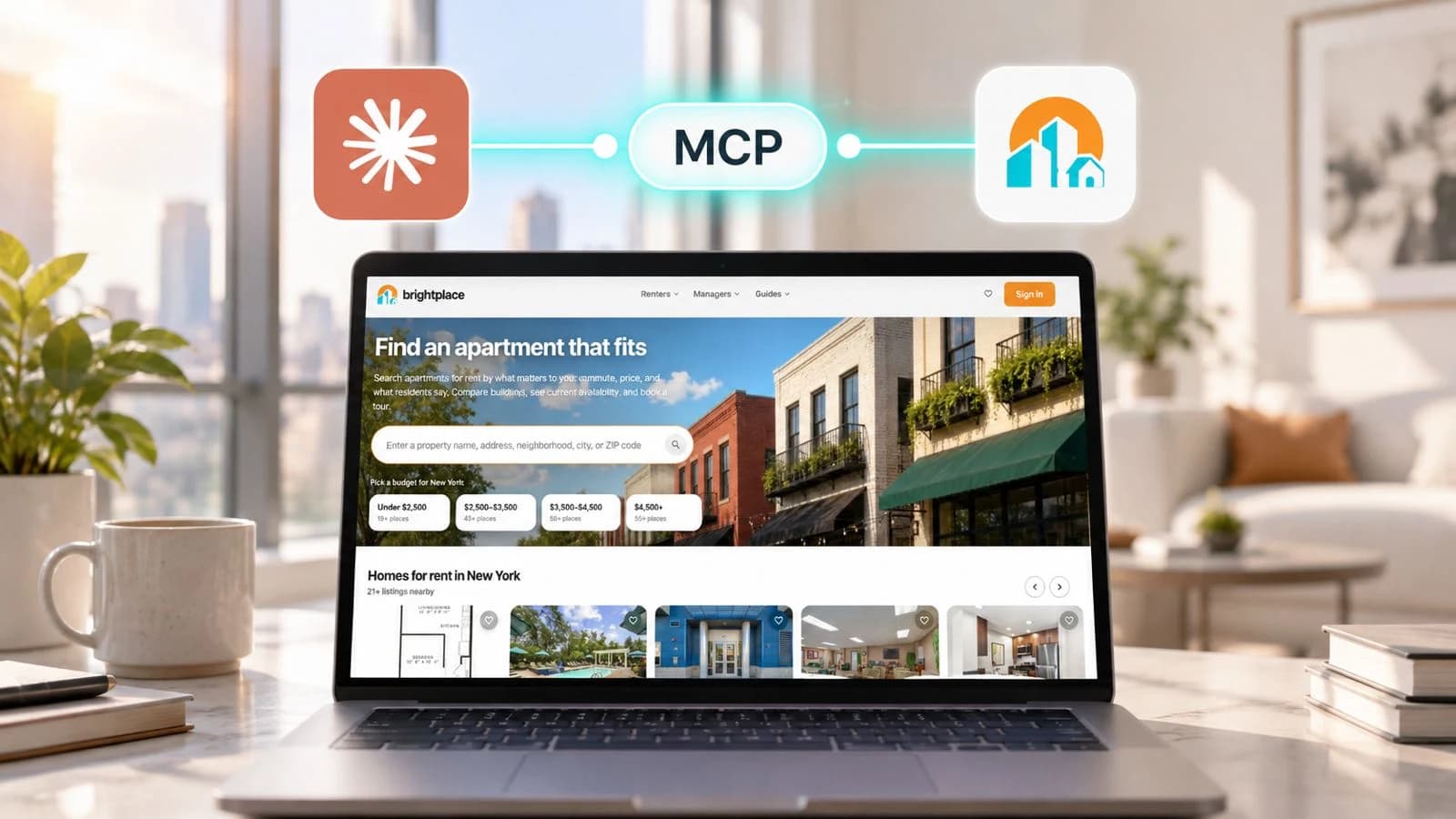 Laptop showing brightplace apartment search, with the Claude and brightplace app icons linked by an MCP connection