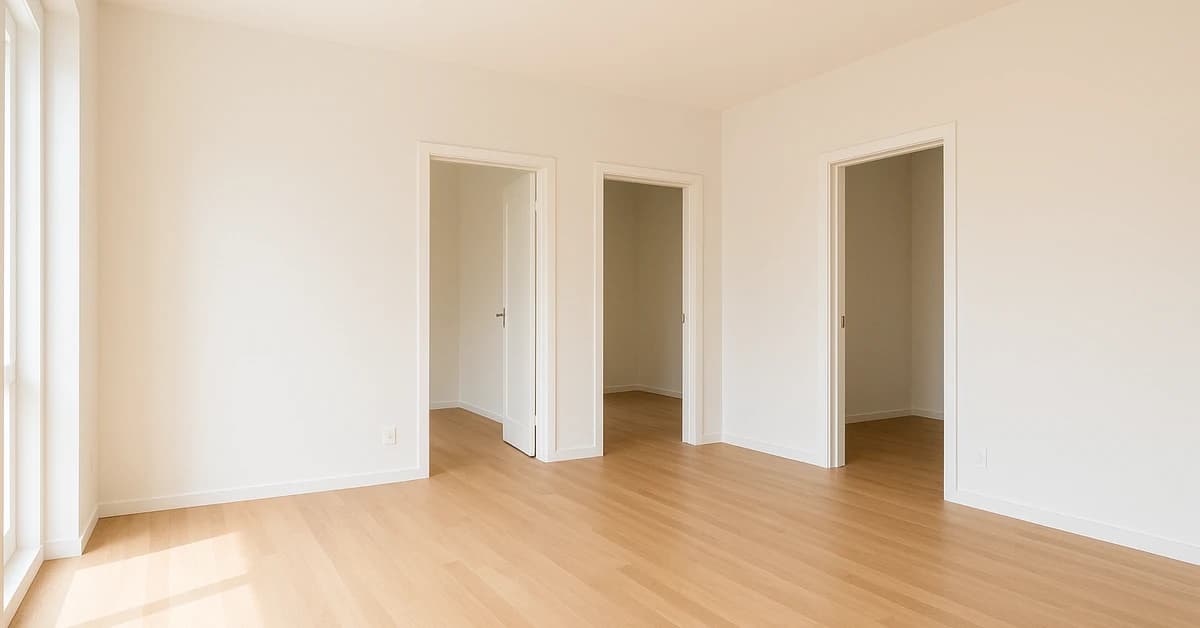 Open plan two bedroom apartment living area with natural light from tall windows
