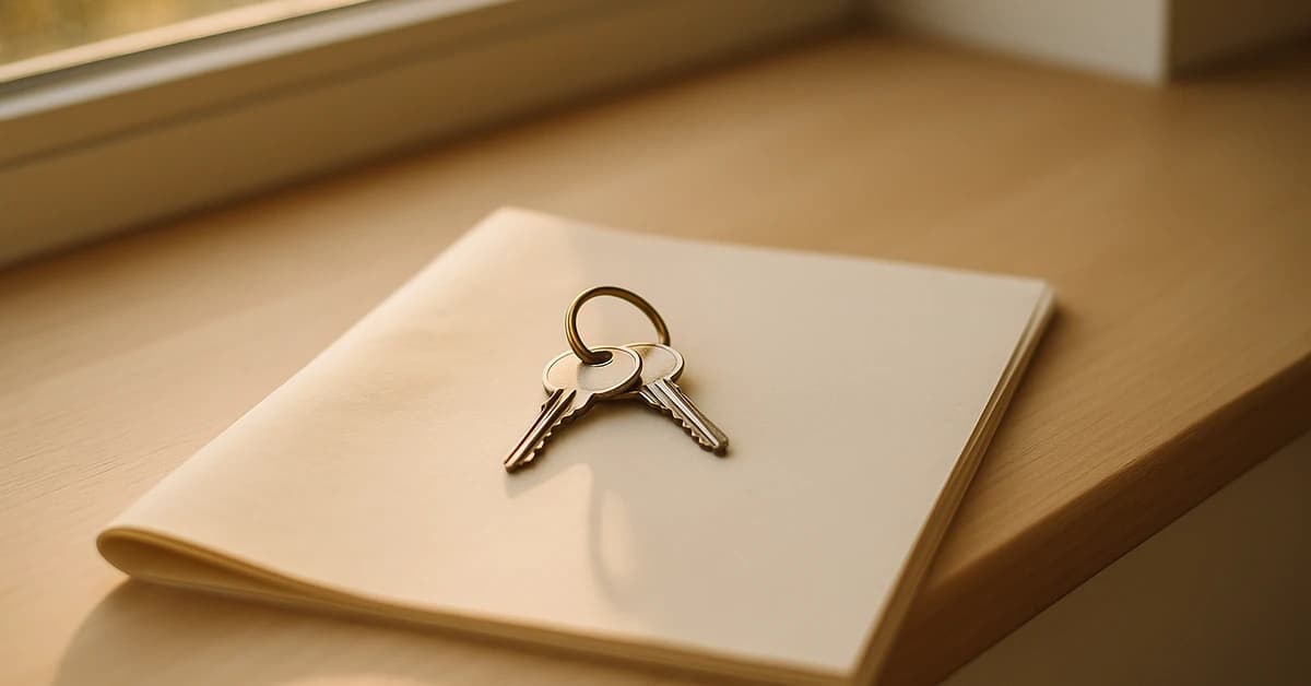 Apartment keys resting on a folded lease document on a sunlit windowsill